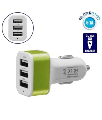 GloboStar® 115113 Φορτιστής Αναπτήρα Αυτοκινήτου Φόρτισης 5V με 3xUSB Θύρες Max 2.1A Λευκό - Πράσινο